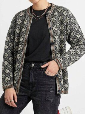 VINTAGE 80s Nordic Wool Cardigan Sweater Navy Blue L/XL